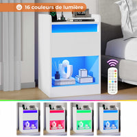 Table de Chevet avec 2 Tiroir et Bandes LED Multiprise Blanc - FR.SIKAIC