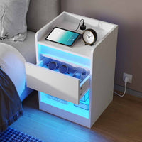 Table de Chevet avec 2 Tiroir et Bandes LED Multiprise Blanc - FR.SIKAIC