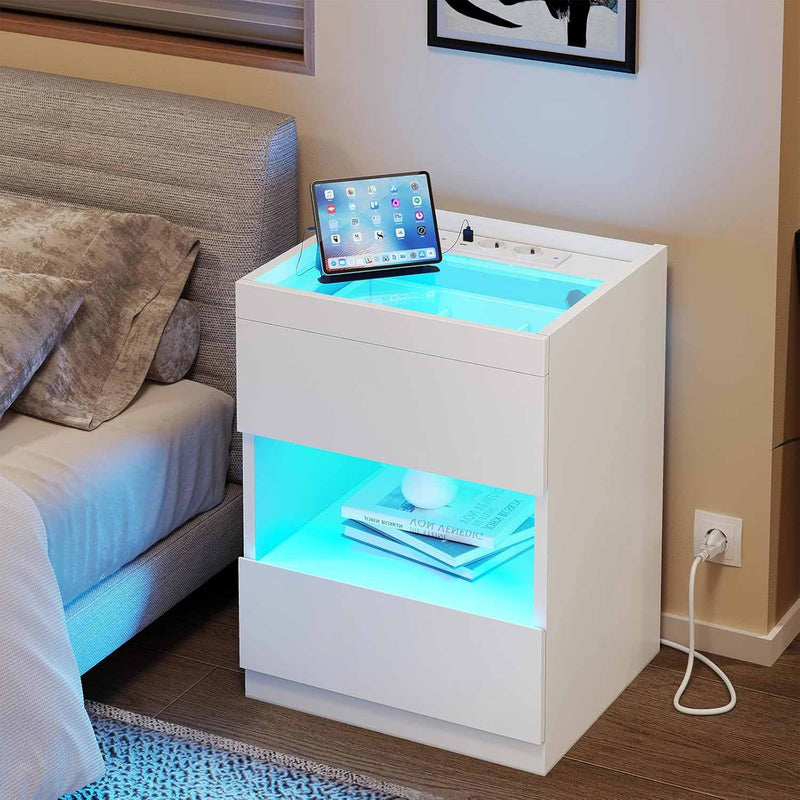 FR.SIKAIC Table de chevet Blanc / Moderne Table de chevet avec 2 tiroirs, station de charge, lumières LED et rangement ouvert, blanc