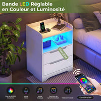 Table de Chevet avec Éclairage LED Station de Charge 2 Tiroirs et 1 Compartiment Ouverts Blanc - FR.SIKAIC