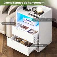 Table de Chevet avec Éclairage LED Station de Charge 2 Tiroirs et 1 Compartiment Ouverts Blanc - FR.SIKAIC
