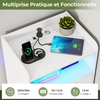 Table de Chevet avec Éclairage LED Station de Charge 2 Tiroirs et 1 Compartiment Ouverts Blanc - FR.SIKAIC