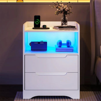 Table de Chevet avec Éclairage LED Station de Charge 2 Tiroirs et 1 Compartiment Ouverts Blanc - FR.SIKAIC