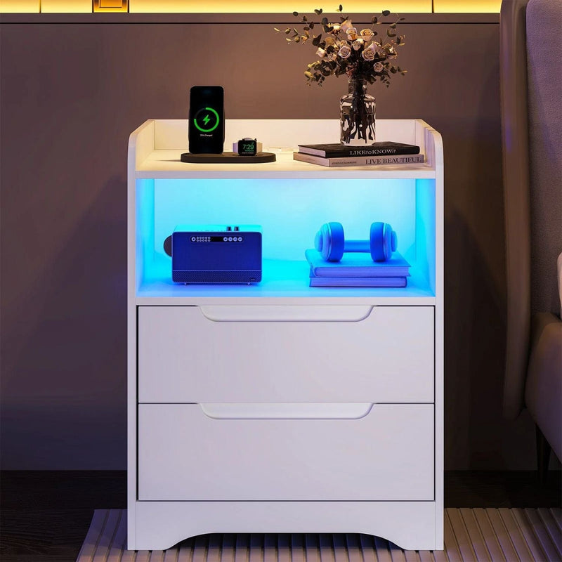 FR.SIKAIC Table de chevet Blanc / Bois d'ingénierie / Moderne Table de Chevet avec Éclairage LED Station de Charge 2 Tiroirs et 1 Compartiment Ouverts Blanc