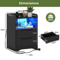 Table de Chevet avec Éclairage LED Station de Charge 2 Tiroirs et 1 Compartiment Ouverts Noir - FR.SIKAIC