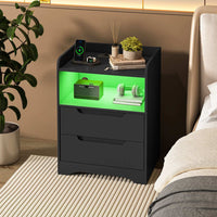 Table de Chevet avec Éclairage LED Station de Charge 2 Tiroirs et 1 Compartiment Ouverts Noir - FR.SIKAIC