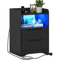 Table de Chevet avec Éclairage LED Station de Charge 2 Tiroirs et 1 Compartiment Ouverts Noir - FR.SIKAIC