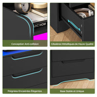 Table de Chevet avec Éclairage LED Station de Charge 2 Tiroirs et 1 Compartiment Ouverts Noir - FR.SIKAIC