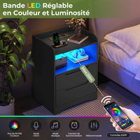 Table de Chevet avec Éclairage LED Station de Charge 2 Tiroirs et 1 Compartiment Ouverts Noir - FR.SIKAIC