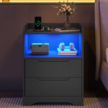 Table de Chevet avec Éclairage LED Station de Charge 2 Tiroirs et 1 Compartiment Ouverts Noir - FR.SIKAIC