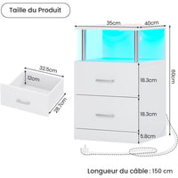 Table de Chevet en Bois avec 2 Tiroirs Lumières LED Réglables et Multiprise Blanc Argenté - FR.SIKAIC