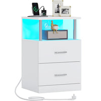 Table de Chevet en Bois avec 2 Tiroirs Lumières LED Réglables et Multiprise Blanc Argenté - FR.SIKAIC