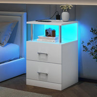 Table de Chevet en Bois avec 2 Tiroirs Lumières LED Réglables et Multiprise Blanc Argenté - FR.SIKAIC