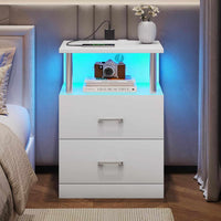 Table de Chevet en Bois avec 2 Tiroirs Lumières LED Réglables et Multiprise Blanc Argenté - FR.SIKAIC