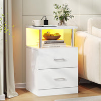Table de Chevet en Bois avec 2 Tiroirs Lumières LED Réglables et Multiprise Blanc Argenté - FR.SIKAIC