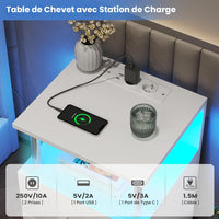 Table de Chevet en Bois avec 2 Tiroirs Lumières LED Réglables et Multiprise Blanc Argenté - FR.SIKAIC