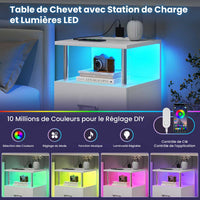 Table de Chevet en Bois avec 2 Tiroirs Lumières LED Réglables et Multiprise Blanc Argenté - FR.SIKAIC
