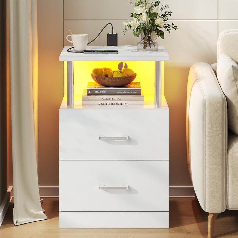 FR.SIKAIC Table de chevet Blanc Argenté / Moderne Table de Chevet en Bois avec 2 Tiroirs Lumières LED Réglables et Multiprise Blanc Argenté