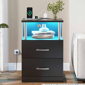 Table de Chevet en Bois avec 2 Tiroirs Lumières LED Réglables et Multiprise Noir - FR.SIKAIC