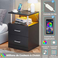 Table de Chevet en Bois avec 2 Tiroirs Lumières LED Réglables et Multiprise Noir - FR.SIKAIC
