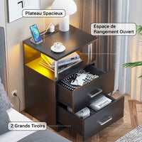Table de Chevet en Bois avec 2 Tiroirs Lumières LED Réglables et Multiprise Noir - FR.SIKAIC