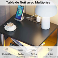 Table de Chevet en Bois avec 2 Tiroirs Lumières LED Réglables et Multiprise Noir - FR.SIKAIC
