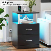 Table de Chevet en Bois avec 2 Tiroirs Lumières LED Réglables et Multiprise Noir - FR.SIKAIC