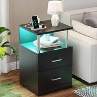 Table de Chevet en Bois avec 2 Tiroirs Lumières LED Réglables et Multiprise Noir - FR.SIKAIC