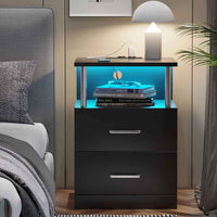 Table de Chevet en Bois avec 2 Tiroirs Lumières LED Réglables et Multiprise Noir - FR.SIKAIC