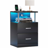 Table de Chevet en Bois avec 2 Tiroirs Lumières LED Réglables et Multiprise Noir - FR.SIKAIC