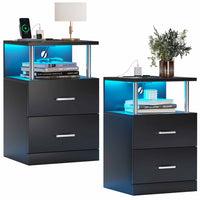 Table de Chevet en Bois avec 2 Tiroirs Lumières LED Réglables et Multiprise Noir - FR.SIKAIC