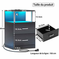 Table de Chevet en Bois avec 2 Tiroirs Lumières LED Réglables et Multiprise Noir - FR.SIKAIC