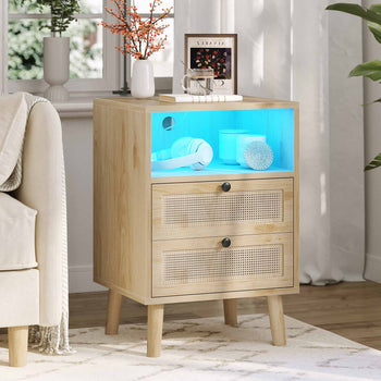 Table de Chevet en Rotin et Bois avec 2 Tiroirs Lumières LED et Compartiment Naturel - FR.SIKAIC