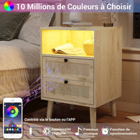 Table de Chevet en Rotin et Bois avec 2 Tiroirs Lumières LED et Compartiment Naturel - FR.SIKAIC