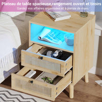 Table de Chevet en Rotin et Bois avec 2 Tiroirs Lumières LED et Compartiment Naturel - FR.SIKAIC