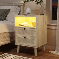 Table de Chevet en Rotin et Bois avec 2 Tiroirs Lumières LED et Compartiment Naturel - FR.SIKAIC