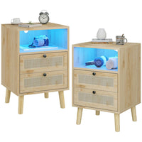 Table de Chevet en Rotin et Bois avec 2 Tiroirs Lumières LED et Compartiment Naturel - FR.SIKAIC