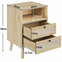 Table de Chevet en Rotin et Bois avec 2 Tiroirs Lumières LED et Compartiment Naturel - FR.SIKAIC