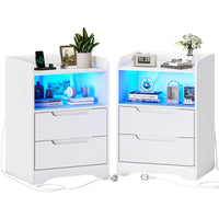 Table de Chevet Lot de 2 avec Bande LED Station de Charge 1 Compartiment Ouvert et 2 tiroirs Blanc - FR.SIKAIC