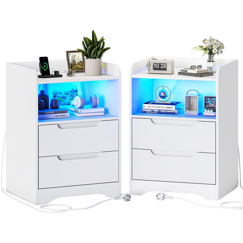 FR.SIKAIC Table de chevet Blanc / Moderne Table de Chevet Lot de 2 avec Bande LED, Station de Charge, 1 Compartiment Ouvert et 2 tiroirs, Blanc