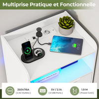 Table de Chevet Lot de 2 avec Bande LED Station de Charge 1 Compartiment Ouvert et 2 tiroirs Blanc - FR.SIKAIC