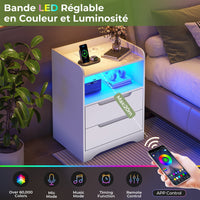 Table de Chevet Lot de 2 avec Bande LED Station de Charge 1 Compartiment Ouvert et 2 tiroirs Blanc - FR.SIKAIC
