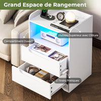 Table de Chevet Lot de 2 avec Bande LED Station de Charge 1 Compartiment Ouvert et 2 tiroirs Blanc - FR.SIKAIC