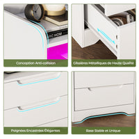 Table de Chevet Lot de 2 avec Bande LED Station de Charge 1 Compartiment Ouvert et 2 tiroirs Blanc - FR.SIKAIC