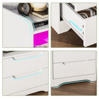Table de Chevet Lot de 2 avec Bande LED Station de Charge 1 Compartiment Ouvert et 2 tiroirs Blanc - FR.SIKAIC