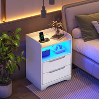 Table de Chevet Lot de 2 avec Bande LED Station de Charge 1 Compartiment Ouvert et 2 tiroirs Blanc - FR.SIKAIC