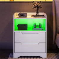 Table de Chevet Lot de 2 avec Bande LED Station de Charge 1 Compartiment Ouvert et 2 tiroirs Blanc - FR.SIKAIC