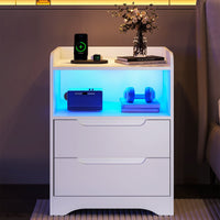 Table de Chevet Lot de 2 avec Bande LED Station de Charge 1 Compartiment Ouvert et 2 tiroirs Blanc - FR.SIKAIC
