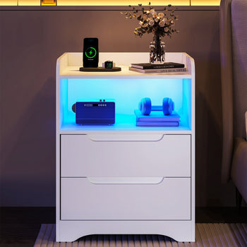 Table de Chevet Lot de 2 avec Bande LED Station de Charge 1 Compartiment Ouvert et 2 tiroirs Blanc - FR.SIKAIC