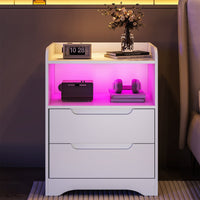 Table de Chevet Lot de 2 avec Bande LED Station de Charge 1 Compartiment Ouvert et 2 tiroirs Blanc - FR.SIKAIC